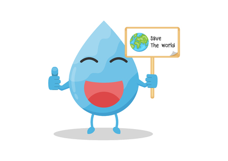 Vector cartoon water drop hold wood sign save world.Meaning save water is save earth.のイラスト素材