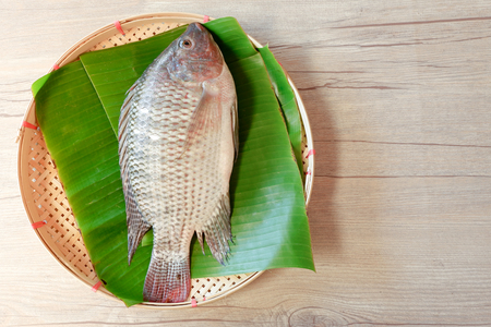 Fresh Nile Tilapia fish put on banana leaf on threshing basket with wood table background topviewの写真素材