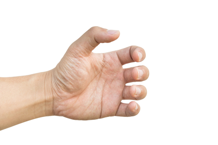 Hand hold something like bottle isolated on white background with natural light.の写真素材