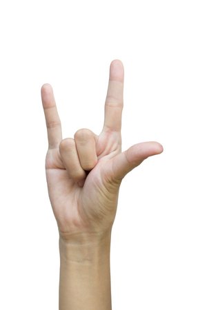 woman hand love sign with studio light isolated on white background.の写真素材