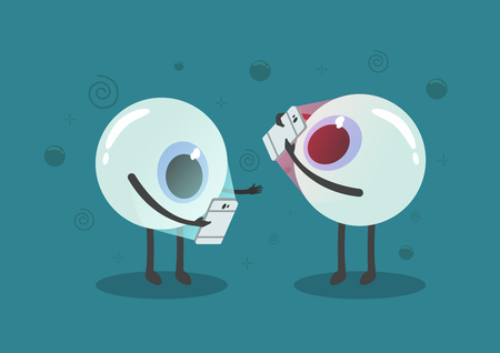Vector eye cartoon addict smartphone and light from smart phone impact for visibility with effect confuse,eye care concept.のイラスト素材