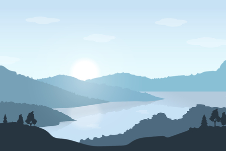 Vector flat landscape panorama mountains, forest, and river view with morning or sun set in blue tone for travel and camping conceptのイラスト素材