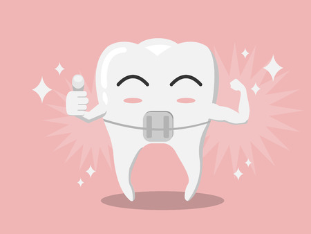 Vector cartoon whitening tooth brace thumbs up and muscle strain for show solidity in pink gum background and shining white effect, tooth care concept.のイラスト素材