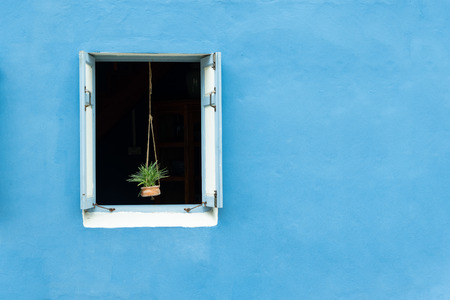 plant pot hang on blue window with wall and space for note and text.Vintage part of home concept. の写真素材