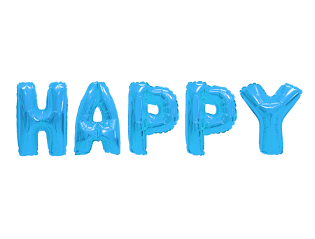 Word happy in english alphabet from blue balloons on a white background. holidays and education.の写真素材