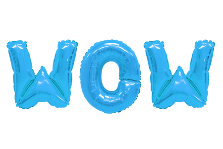 Word wow in english alphabet from blue balloons on a white background. holidays and education.の写真素材
