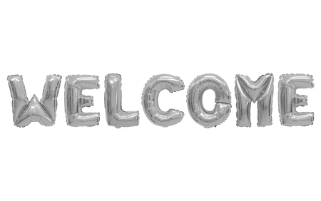 Word welcome in english alphabet from grey (chrome) balloons on a white background. holidays and education.の写真素材
