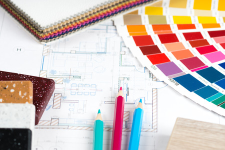 interior project with colorfull palette, material samples, pencilsの写真素材