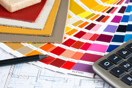 interior project with colorfull palette, leather samples, pencil and calculatorの写真素材