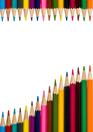 vertical frame with multicolored pencils on white backgroundの写真素材