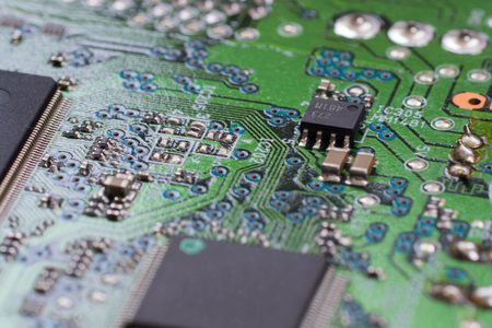 closeup green electronic board with small depth of field