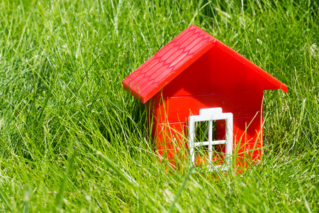 red plastic house on green sammer grassの写真素材
