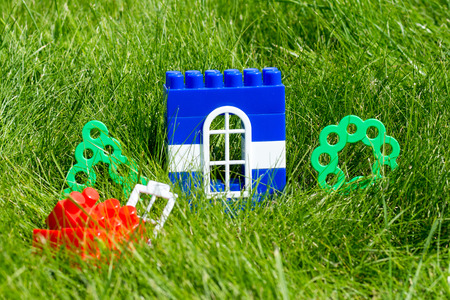 blue plastic house on green sammer grassの写真素材
