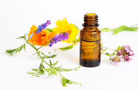 bottles with herbal elixir on whiteの写真素材