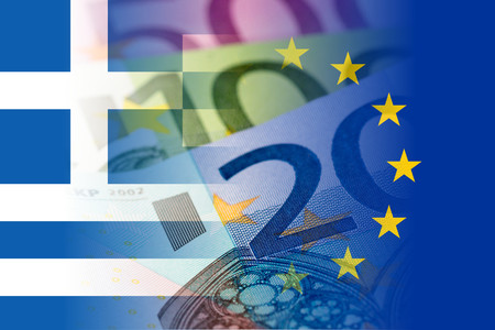greece and eu flags with euro banknotes mixed imageの写真素材