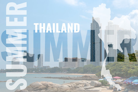 summer june postcard with skyscrapers and beach backgroundの写真素材