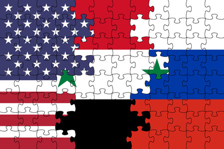 usa syria russia jigsaw flagsの写真素材