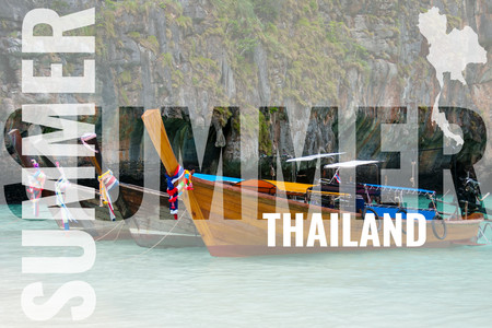 summer june postcard with boats backgroundの写真素材