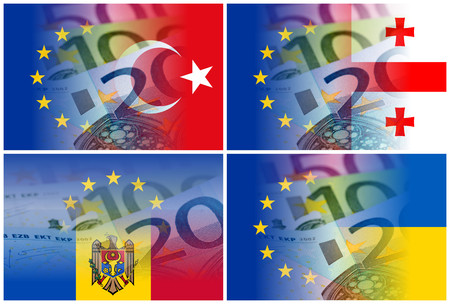 eu and georgia moldova turkey ukraine flag with euro banknotes mixed imageの写真素材