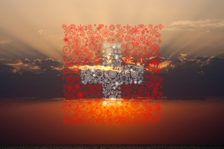 swiss fireworks flag on sunset backgroundの写真素材