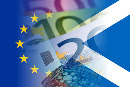 scotland and eu flags with euro banknotes mixed imageの写真素材