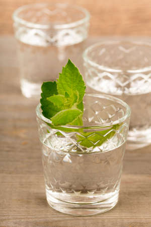 vodka with mint in shot glasses on rustic wooden tableの写真素材