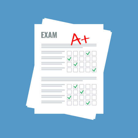 exam sheet with A plus grade, flat designのイラスト素材