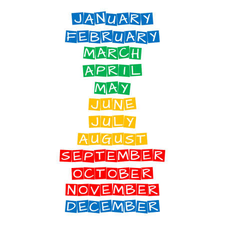 month names collection, text in colorful rotated squaresのイラスト素材