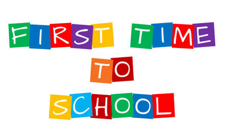 first time to school, text in colorful rotated squaresのイラスト素材