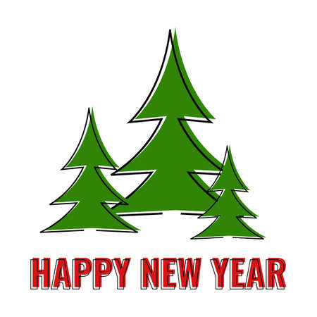 Happy New Year greeting card, three green christmas tree on white backgroundのイラスト素材