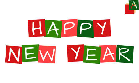happy new year, vector letters in squares with traditional christmas colorsのイラスト素材