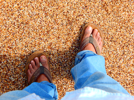 Feet in the pebble seashoreの写真素材