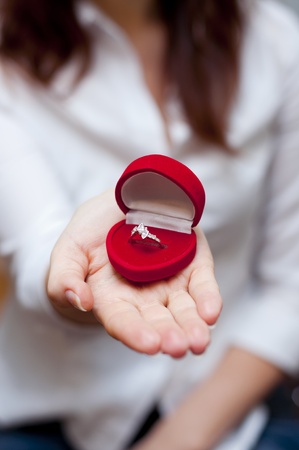 an image of red box with engagement ring insideの写真素材