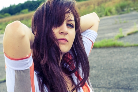 Outdoors portrait of beautiful young brunette girlの写真素材