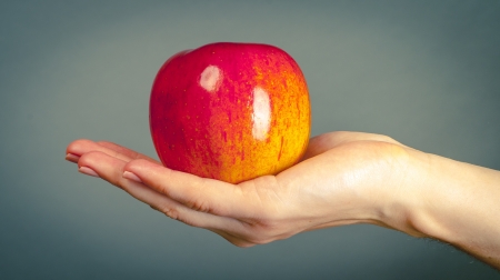 an image of red apple on female handの写真素材