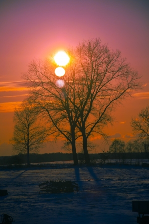 An image of sunset in winter sceneryの写真素材