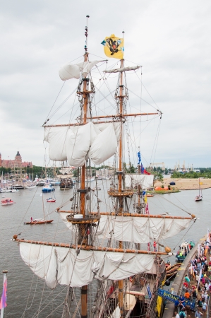 SZCZECIN - AUGUST 04: Tall ships sailing on Odra river in Szczecin during the final of The Tall Ships Races 2013 in Szczecin, August 04, 2013 in Szczecin, Poland.のeditorial素材