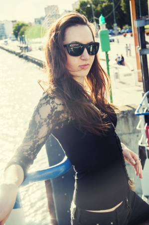 an image of woman on a cruise shipの写真素材