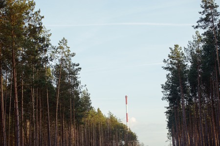 modern exterior of an industrial building, surrounded by a fence with iron gateの写真素材