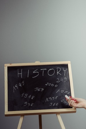 History, written with white chalk on a blackboard. Gray backgroundの写真素材