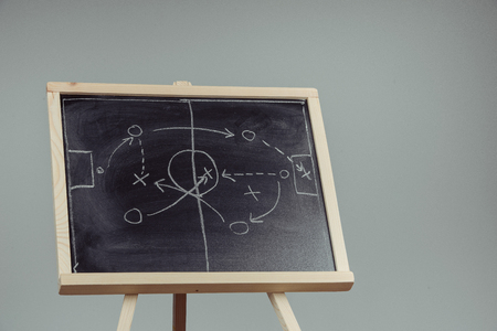 close up of a soccer tactics drawing on chalkboard.の写真素材