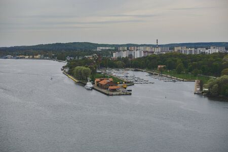 Aerial top view panorama of yacht club marina at a bay of Lake