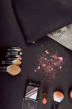 close up of a make up powder and a brush. makeup brush with powder foundationの写真素材