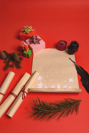 Empty letter for Santa Claus. Copy space. Red backgroundの写真素材