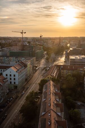 Szczecin cityscape with beautiful sunset, Poland, Europeの写真素材