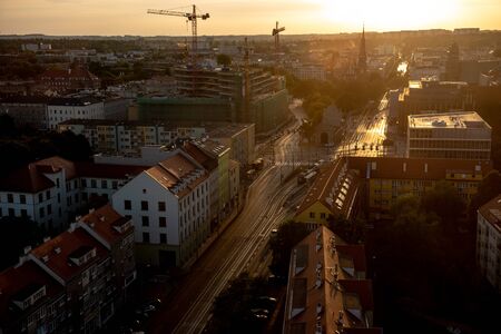 Szczecin cityscape with beautiful sunset, Poland, Europeの写真素材