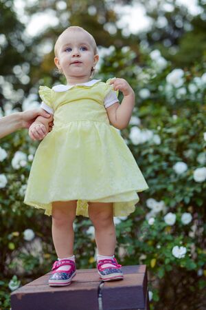 Smiling girl on the meadow looking right at camera. authentic image. Smell roses flowersの写真素材