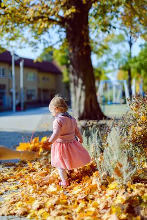 Adorable girl having fun on beautiful autumn day. authentic childhood imageの写真素材