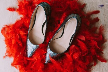 Black high heel women shoes isolated on wooden tableの写真素材