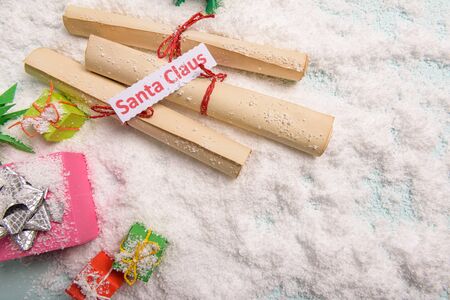 old tied up letters for Santa Claus, view from above.の写真素材